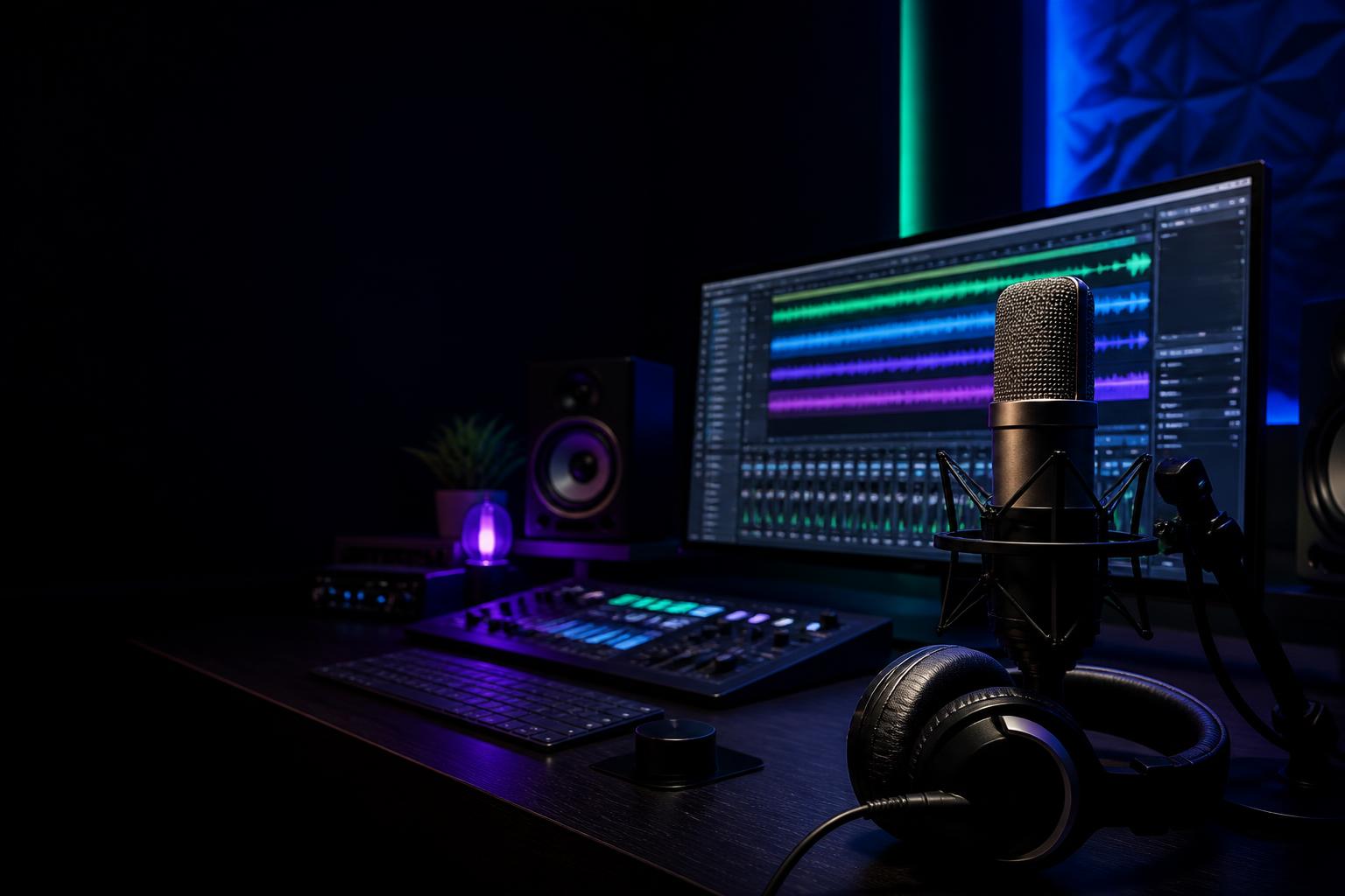 Estúdio de produção musical com microfone, fones e computador
